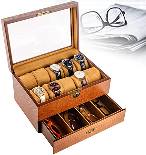 SSQUZA Uhrenbox für 20 Uhren, Uhrenkasten mit Glasdeckel, Uhrenkoffer mit herausnehmbaren Uhrenkissen, Uhrenschatulle, Samtfutter, als Geschenk,B