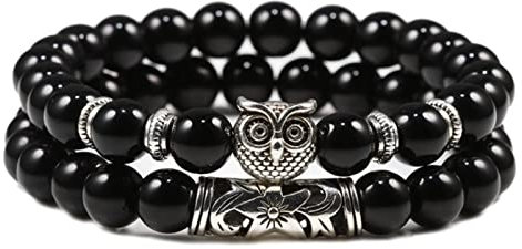 2 Stück/Set Eule Armband Naturstein Perlen Paar Armbänder Armreifen Energie Herren Frauen Charm Schmuck hell schwarz
