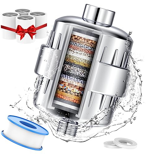 Filtre de pommeau de douche pour eau dure – Filtre de douche en 24 étapes avec 4 cartouches filtrantes remplaçables, protège votre peau et vos cheveux du chlore et des métaux lourds dans l'eau, chromé