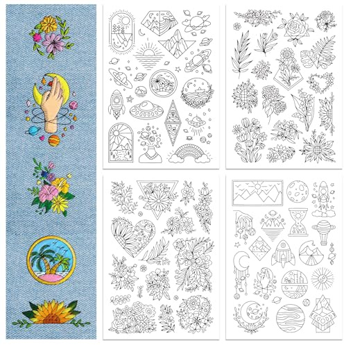 GLOBLELAND 4 Hojas 70 Piezas Flores Estabilizadores de Costura a Mano Solubles en Agua Diseños de Bordado Celestiales Pegar y Coser Papel para Bordado en Tela Práctica de Puntadas Patrones de Bordado