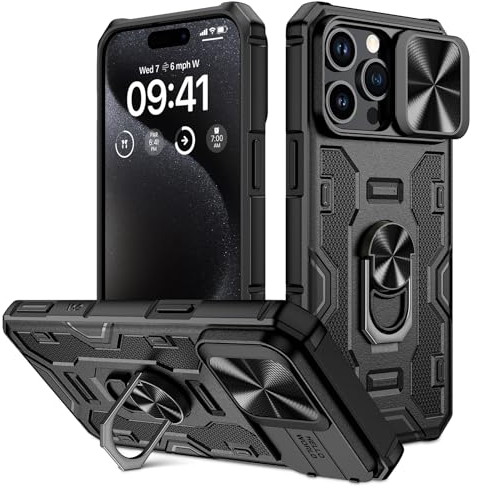 Doeshine für iPhone 15 Pro Max Hülle mit Ständer & Kameraschutz, Robuste Stoßfeste Schutzhülle mit 360 Grad Magnetisch Ring Stand, Military Shockproof Cover für iPhone 15 Pro Max 5G 2023 (Schwarz)