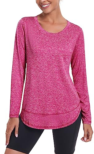 Deaviya Dam långärmad sporttoppar Storbritannien, sport yoga t-shirt träning löpning toppar, rund hals snabbtorkande golf träningskläder dam gym sport topp, L, röd, Röd, L