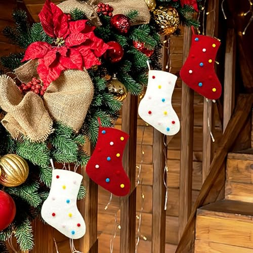 Lot de 4 chaussettes de Noël, bottes de Saint-Nicolas, chaussettes personnalisées, chaussettes de Noël à remplir et à suspendre, pour décoration de Noël, 22 x 43 cm, rouge + blanc