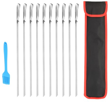 DROMEDARY Grillspieße 10 Stück mit Nylontasche,Grillzubehör Set,43 cm flacher Edelstahl Grillspieß,Fleischspieße für Grillbesteck Silikonölbürste mitgeliefert