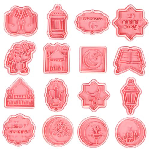 16 Stk Eid-Ausstecher Eid Mubarak Ausstecher Keksform Kekse Eid Mubarak Gebäckform kleine Keksausstecher Keksstempel dreidimensional Briefmarke Backwerkzeug Cutter Schimmel pp