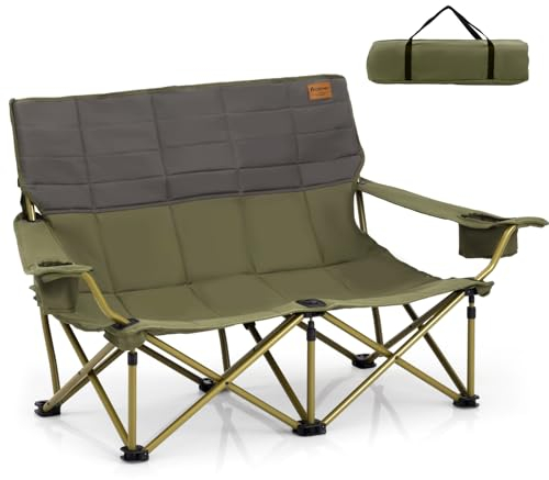 COSTWAY 2/3 Person Folding Camping Chair, Heavy-Duty Camp Loveseat with 2 Cup Holders, Cotton Padding & Storage Bag, Oversized Portable Beach Chair for Picnic Travel Campsite (Green, 148 x 70 x 80 cm)