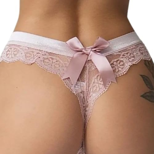 ROSVAJFY Women's Sheer Lace Thongs G-String Knickers Sexy Soft Stretchy Panties Low Waist Cheeky Underwear See-Through Floral Lace Tangas Breathable Hipster Bowknot Bikini Briefs Ladies