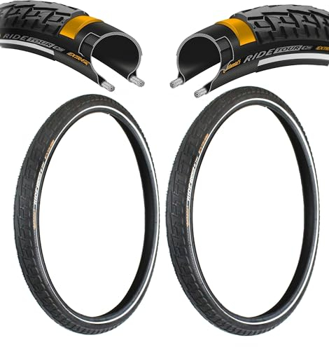 2X Fahrradreifen Continental Ride Tour 1.60 x 28 Zoll, 42-622, Extra Pannengürtel Puncture Belt Drahtreifen, Reflexstreifen, Reifen für E-Bike bis 25km/h