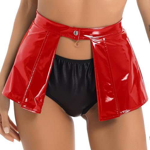 Sywiyi Damen Minirock Lederoptik Partyrock Lackleder Hüftrock Kurz Gürtel Wetlook Rock Rave Festival Party Clubwear Rot M