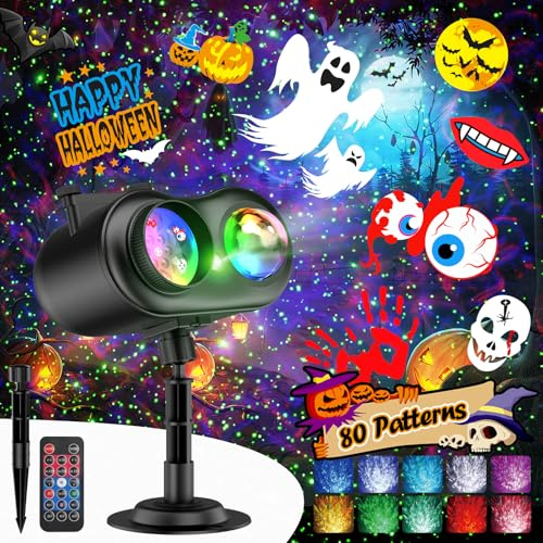 Halloween Projector Outdoor w/ 80 Patterns,Green Dots,10 Ocean Wave Lights | Remote & Timer,Waterproof,Holiday Halloween Snowflake Decorations, Large Coverage, Christmas Party Thanksgiving Outdoor Ideal