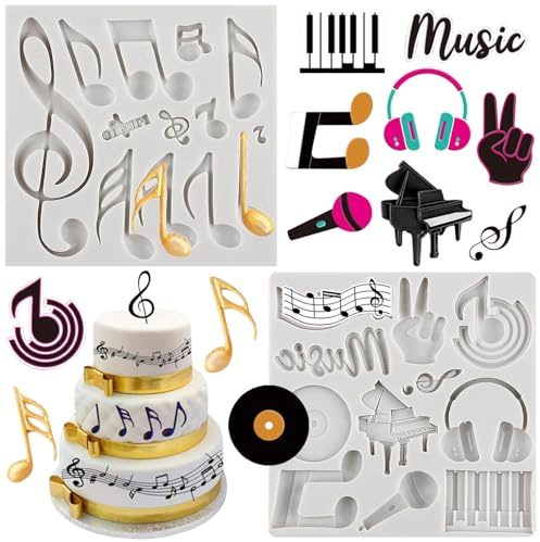 MYPRACS Music Theme Fondant Moulds Musical Notes Piano Silicone Moulds Musical Keyboard Microphone Moulds Music Notes Lace Mat for Cake Decorating Cupcake Topper Candy Chocolate Gum Paste Set of 2
