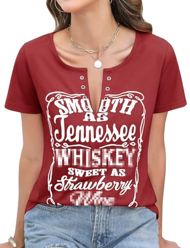 heekpek Tee Shirt Femme T Shirt à Manches Courtes Col V T-Shirts Haut Top Ete Blouse Chic Imprimé Coupe Large Tee-Shirt, Vin Rouge, M
