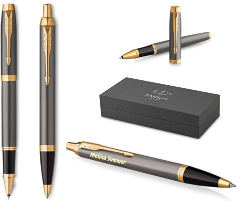 PARKER IM Core Tintenroller und Kugelschreiber mit Gravur | Premium Stift | Geschenkbox | schwarze Mine | personalisiertes Geschenk | Namen | graviert | Jahrestag | Geburtstag (Grey G.T.)