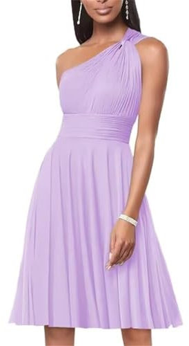 HPPEE Abito da donna monospalla da damigella d'onore corto pieghettato una linea in chiffon abito da sera, Lilla, 44
