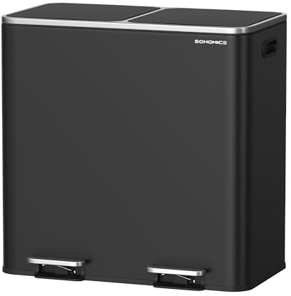 SONGMICS Mülleimer, 2 x 40 Liter, 2 Fächer, Mülltrennsystem, Treteimer, Abfalleimer Küche, 15 Müllsäcke, Metall, Inneneimer aus Kunststoff, Klappdeckel, Softclose, schwarz LTB730B82