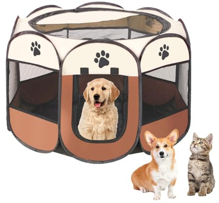 Welpenauslauf, Welpenlaufstall, Laufstall Hund, Katzengehege, Welpenauslauf Indoor, Laufstall Katze, Hasengehege, Kaninchengehege, Katzen Aussengehege,114 x 114 x 58 cm(Curry)