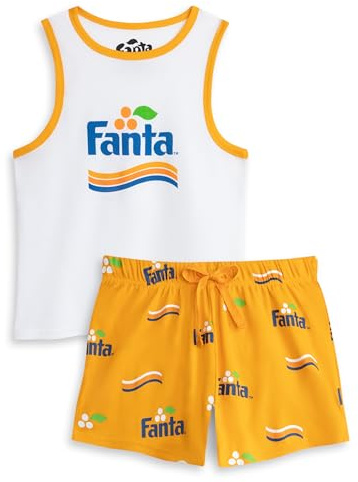 Coca-Cola Ensemble Pyjama Fanta Blanc et Orange pour Femme | Ensemble débardeur et Short sans Manches | Vêtements de Nuit Confortables avec Logo | Vêtements de détente pour la Maison