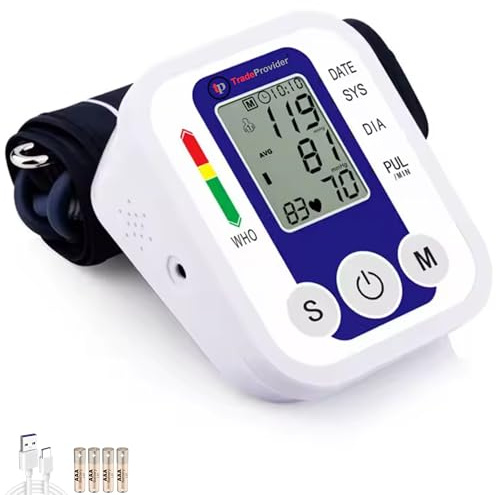 TradeProvider Blood Pressure Monitor Digital Upper Arm BP Machine with, Double Memory, LCD Display Large Cuff (22–36cm), Heart Rate Hypertension Monitor, Home Use (Blue BPM)