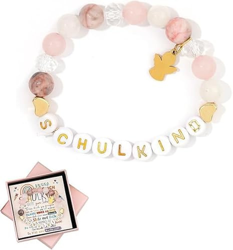 QOWIJEX 1 Stück School Cone Girl Einschulung Geschenk Mädchen Schutzengel Ärmbänder Schulkind Schultüte Füllung Geschenk Schulkind Schulanfang Geschenk Glücksbringer mit Grußkarte Geschenkbox