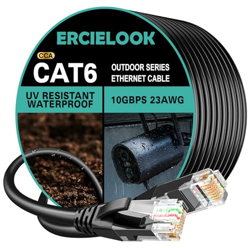 Ercielook Cat6 Outdoor Ethernet Cable 100m - High Speed 10Gbps CCA UTP Network Cable - Direct Burial LLDPE UV Jacket LAN Cable