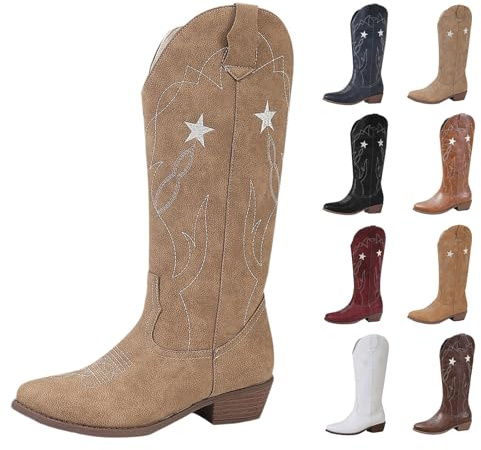 DFSDJEUW knee high boots women Womens Cowboy Knee High Boots Comfortable Pull On Length Boot Fashionable Block Heel Waterproof Western Cowgirl Booties Wide Calf Country Concert Cow Boy Boot Khaki 7