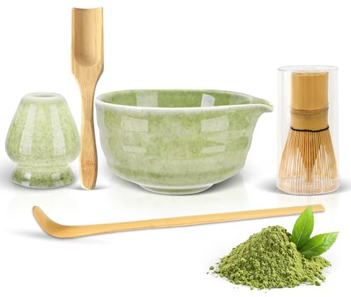 Jarudlc 5 Pièces Matcha Kit, Ensemble AvecTamis, Cuillere, Bol Matca, Fouet a Matche, Support de Fouet à Matche, Kit Matcha Complet, Ustensile Matce Coffret matece