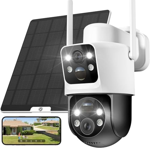 YESKANO 2K Telecamera Wi-Fi Esterno, Doppio Obiettivo Telecamera Pannello Solare, 360 Gradi Videocamera Sorveglianza Esterno Wifi a Batteria, Doppio PIR, 2.4GHz, Visione Notturna a Colore, Audio