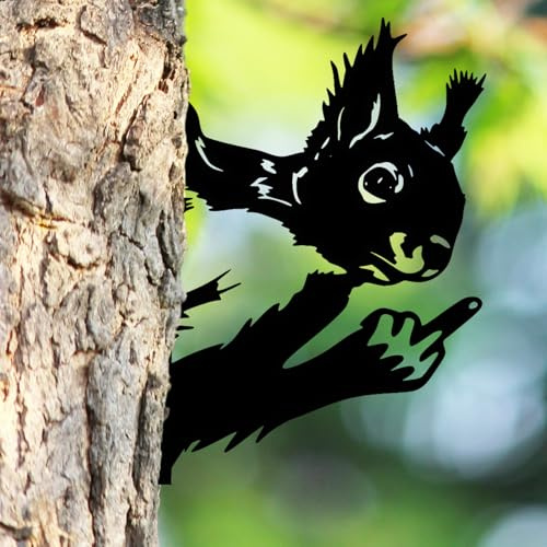 Peeking Squirrel Metal Garden Ornaments Outdoor, Funny Animal Metal Sign with Cheeky Hand Gesture, Rustic Yard Art Decor, Outdoor Ornaments & Garden Wildlife Gifts