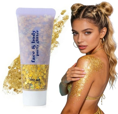 OPIURVY 2 Pcs Gel Paillettes Or Doré Visage et Corps 50ml, Paillettes Holographiques Gros Grains Longue Tenue Imperméable, Maquillage Brillant pour Fête Festival et DIY