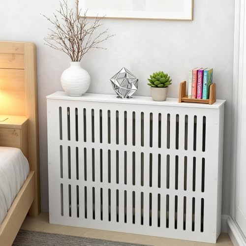 Armario con cubierta de radiador con rejillas verticales y estante para protección de calefacción del hogar en sala de estar y dormitorio