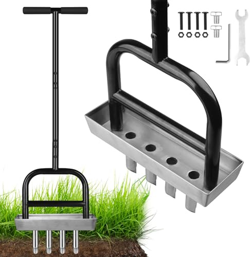 Aérateur de pelouse avec 4 noyaux en acier inoxydable et bac de rangement, aérateur de gazon manuel avec poignée en T – L'aérateur pratique pour pelouse et jardin, idéal pour les petites et moyennes