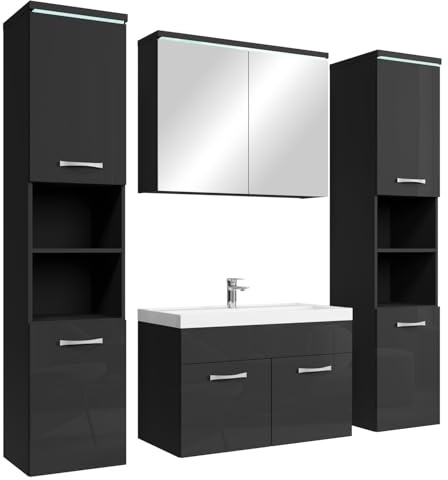 Badplaats Badmöbel Komplettset Paso XL LED 80 x 40 cm Schwarz Hochglanz - Badezimmermöbel mit Waschbecken, Spiegelschrank und 2 Badezimmerschränke