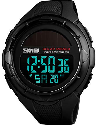 Reloj deportivo digital solar para hombre, resistente al agua hasta 50 m, esfera grande, color negro, con cronómetro, alarma, resistente a los golpes, LED