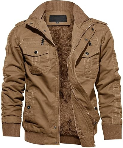 TACVASEN herr Varm militärjacka Fleecefodrad Cargojacka Uppfällbar krage med fickor (M, Khaki)