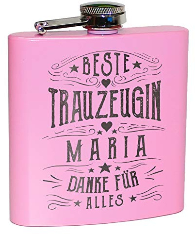 Pixelstudio Beste Trauzeugin der Welt Flachmann Pink Rosa mit persönlicher Namens Gravur Geschenk Retro Vintage Look Individuell