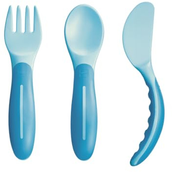 MAM Baby's Cutlery, Set posate bambini 6+ mesi, Azzurro | Con coltello, forchetta e cucchiaino svezzamento, Manici antiscivolo ed ergonomici, Lavabile in lavastoviglie