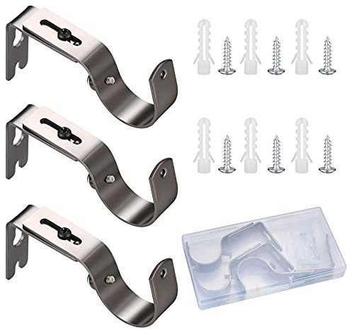 3 Pcs Curtain Brackets, Black Adjustable Curtain Poles Brackets, Heavy Duty Metal Curtain Rods Holders Supports with Screws for Poles Wall Rods