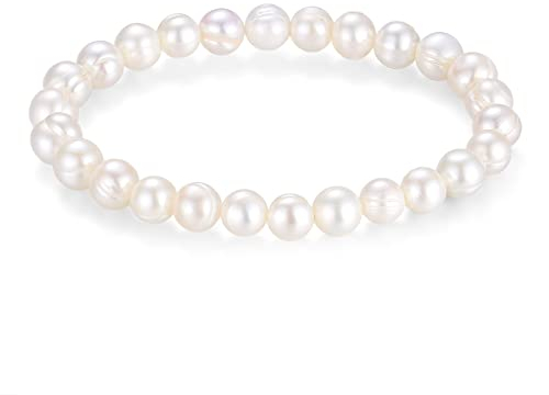 LUINNO Perlenarmband mit echten Natur Süßwasserperlen in Barocker Form | Weiße Zuchtperlen in Hochglanz Ø 8mm 15 cm lang | Damen Perlen Armband Armkette Charm Pearl Bracelet