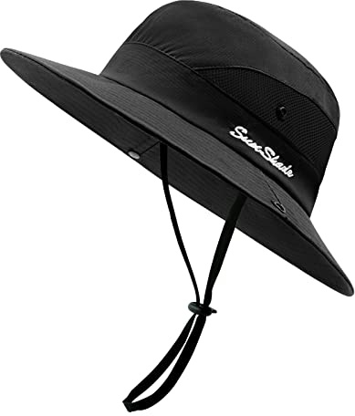 SEYUFN Damen Sonnenhut Outdoor Sommer Wanderhut Damen UV-Schutz Bucket Cap Faltbar Mesh Pferdeschwanz Breite Krempe Zum Safari Angeln (A-Pures Schwarz)