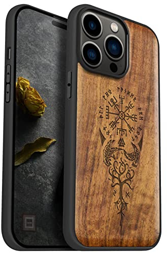 Carveit Coque magnétique pour iPhone 14 Pro Max [amulette Noyer] [Pare-Chocs en TPU Souple] Coque de téléphone Antichoc Compatible avec 14 Pro Max Magsafe Coque Bois (Viking Compas)