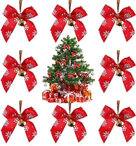 Lazos Navideños, 50 lazos Navideños con Purpurina, Lazos de Satén, Adornos Navideños Festivos, Lazos Navideños con Campanas de Copos de Nieve para árbol de Navidad, Decoraciones de Caja de Regalo