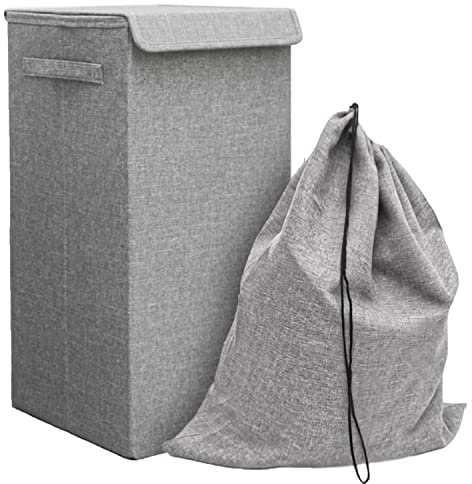 DuneDesign 50L Cesta Ropa Sucia con Tapa y Bolsa Ropa Sucia - 30x30x60 Cubo Ropa Sucia Estrecho - Canasta Ropa Sucia Plegable Gris - Cesto Ropa Sucia con Bolsa - Hamper de Ropa Infantil - Cestas Baño