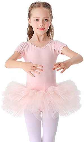 Bezioner Kinder Ballettkleidung Tütü Ballettkleid Mädchen Baumwolle Balletttrikot Kurzarm Ballettanzug Tanzbody mit Rock Rosa Offener Schritt mit Knopf 140