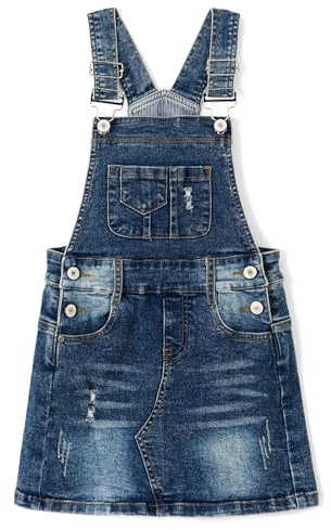 KIDSCOOL SPACE Little Girls Skirt,Ripped Soft Strechy Denim Girls Summer Overalls Dress,Deep Blue,5-6 Years