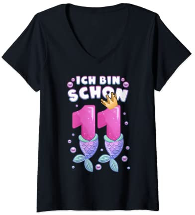 Damen 11. Geburtstag, Mädchen, Meerjungfrau Flosse, Nummer 11 T-Shirt mit V-Ausschnitt