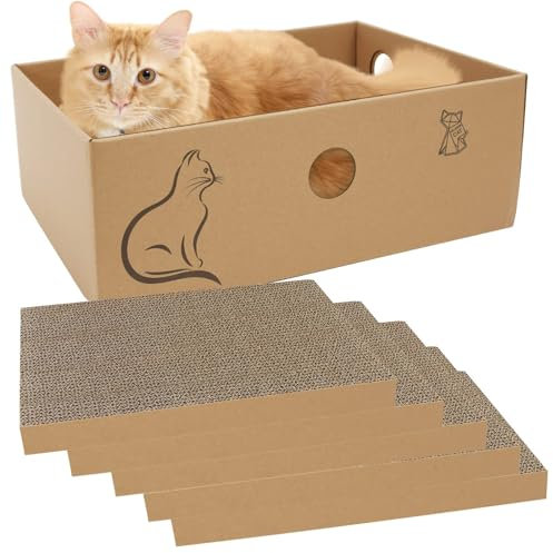 MUAEEOK Cat Scratching Board with Box, 5 PCS Reversible Cat Scratch Pad Replace for Cat Scratcher, Corrugated Scratching Lounge for Indoor Kitty Suitable for Up To 5kg (33 * 24 * 11 CM)