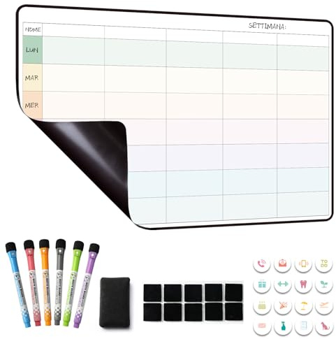 MCCORL Tableau hebdomadaire magnétique pour réfrigérateur, calendrier familial magnétique, planificateur hebdomadaire, à faire la liste, repas et agenda, effaçable pour cuisine 42 × 28 cm – en italien