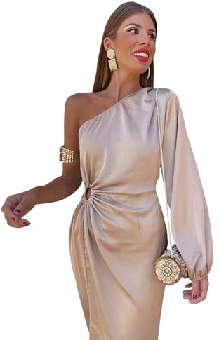 Generico Abito Donna Lungo Mono Spalla Manica Sbuffo Spacco Elegante Sensuale Champagne/Taglia Unica