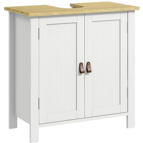 kleankin Meuble sous Lavabo, 2 Portes, 60 x 30 x 60 cm, Blanc | Meuble de Salle de Bain sous Lavabo, Étagère Réglable, 2 Étages à l'Intérieure, Poignées en PU