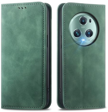 MOJIA Hülle für Honor Magic5 Pro 5G (Magic 5 Pro), PU Folio Leder Brieftaschen Schutzhülle [Magnetverschluss], Handyhülle mit TPU Innenschale, Kartenhalter Ständerhülle. Grün
